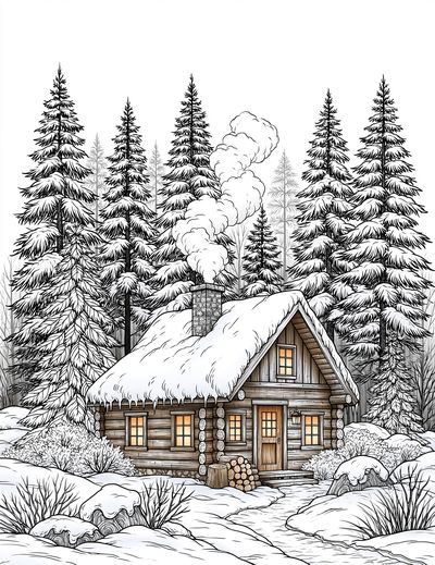 Snowy Cabin Forest Illustration Poster. poster
