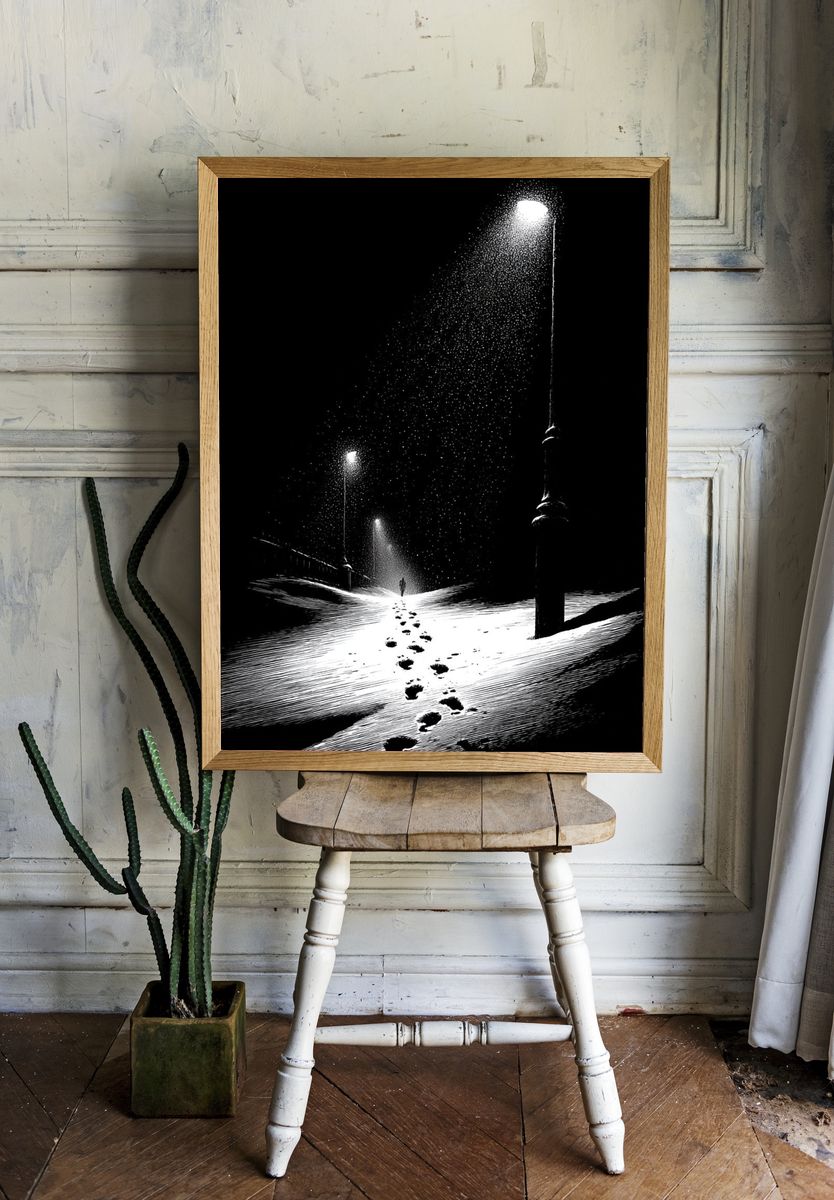 Snowy Footprints Nightscape Poster. — room view 1