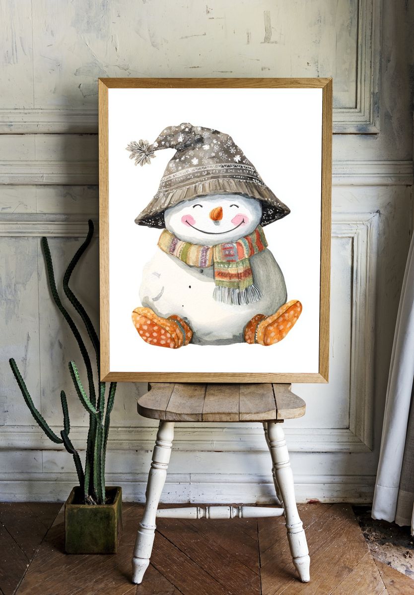 Happy Snowman Watercolor Print room preview