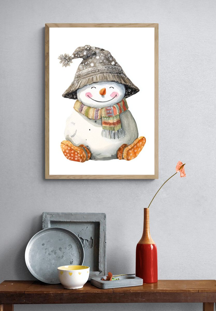 Happy Snowman Watercolor Print. — room view 3