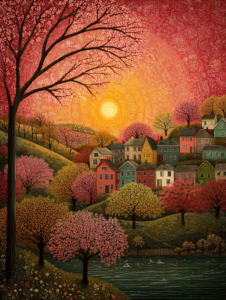Sunset Over Colorful Village — Art Print. poster — fine-art art
