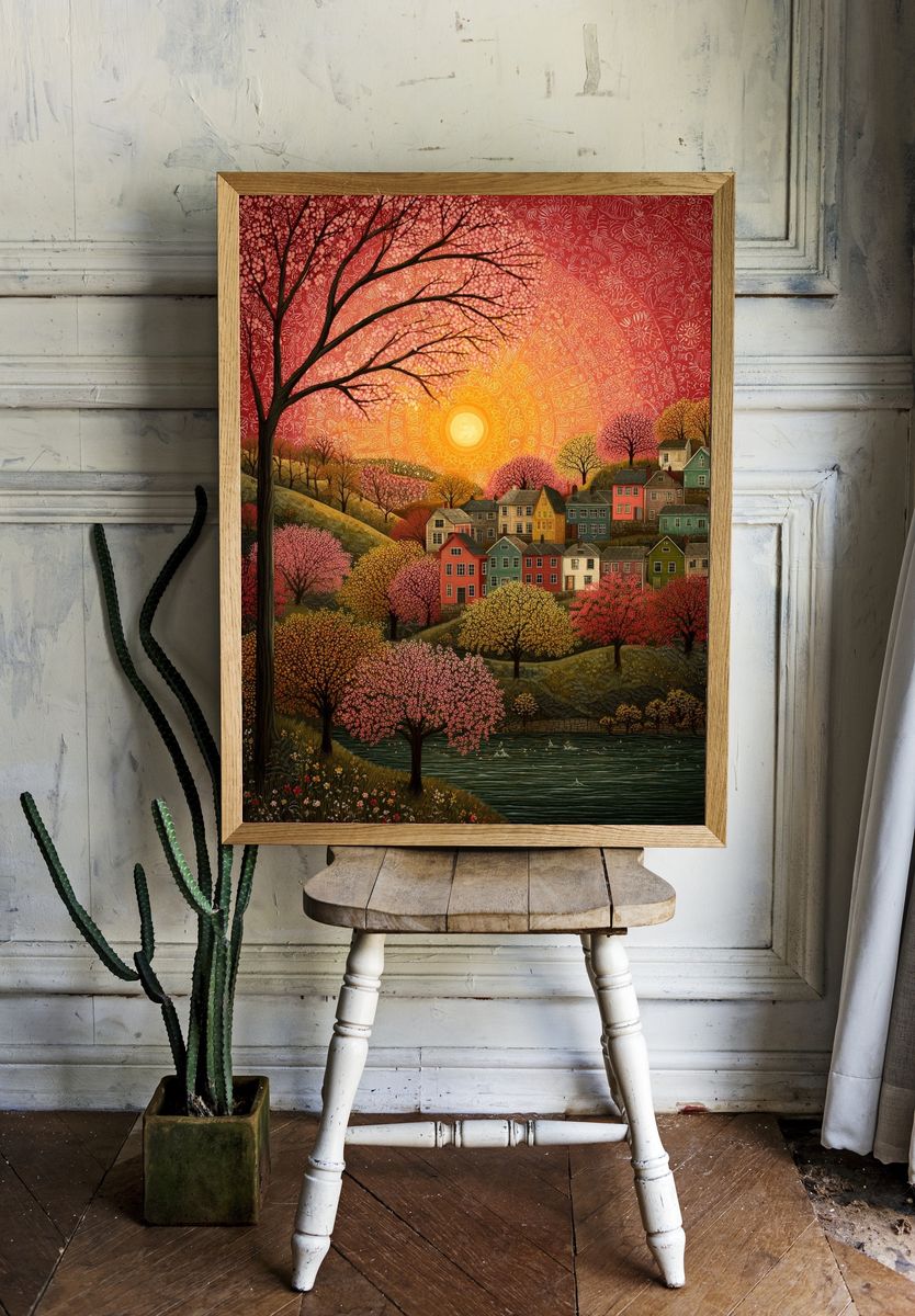 Sunset Over Colorful Village — Art Print. room preview