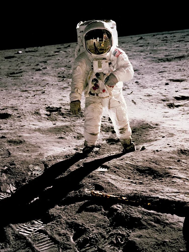 Edwin Aldrin walking lunar surface. poster — space art