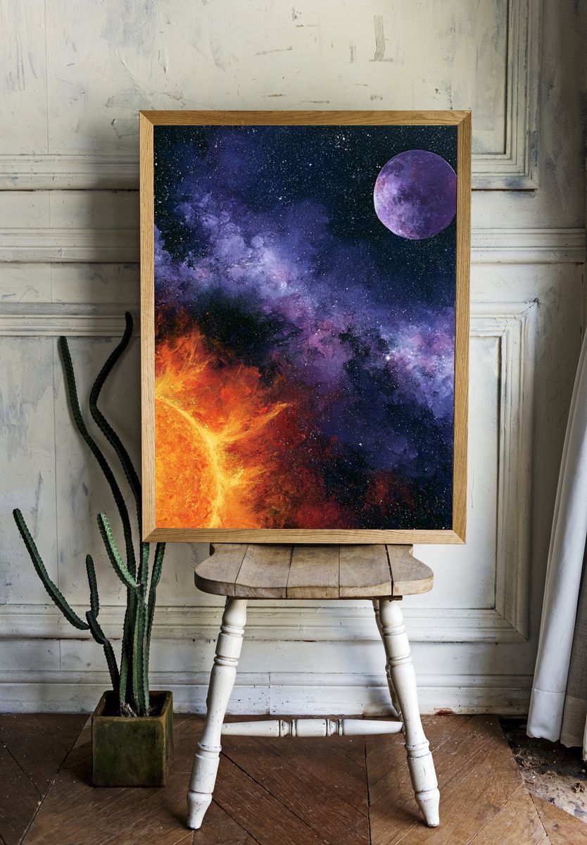 Cosmic Sun and Moon Space Print. — room view 1