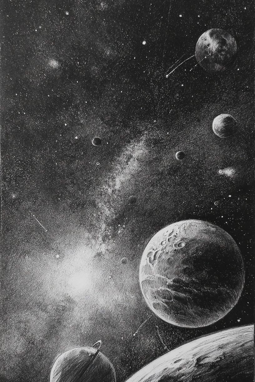 Celestial Planets Black-White Print. poster detail