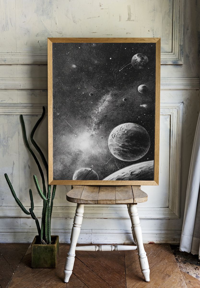 Celestial Planets Black-White Print. — room view 1