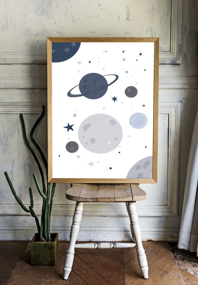 Pastel Space Planets Print. room preview