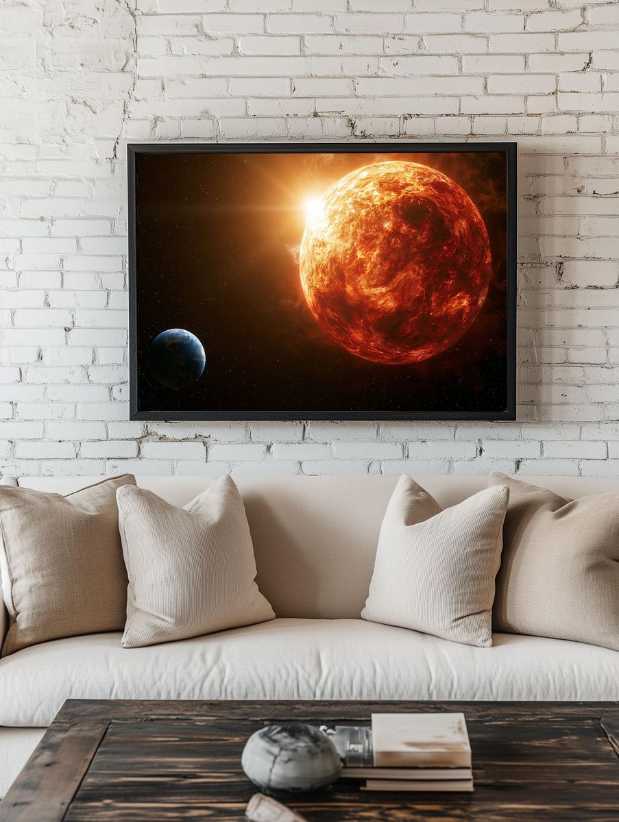 Fiery Sun and Earth Space Print. — room view 1