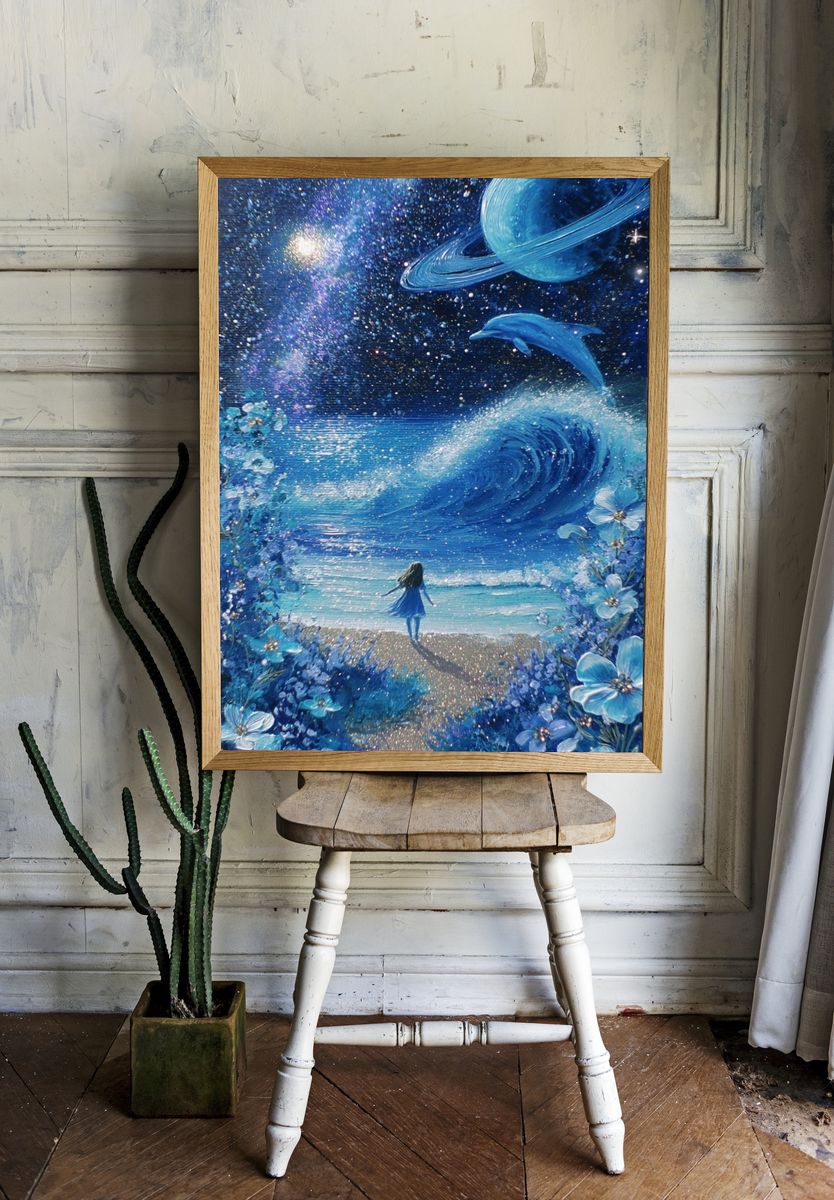 Girl by the Ocean — Space Art Print room preview