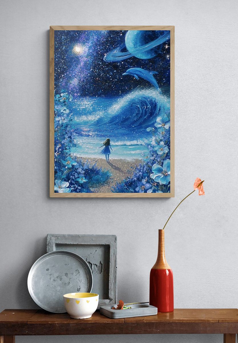 Girl by the Ocean — Space Art Print. — room view 3