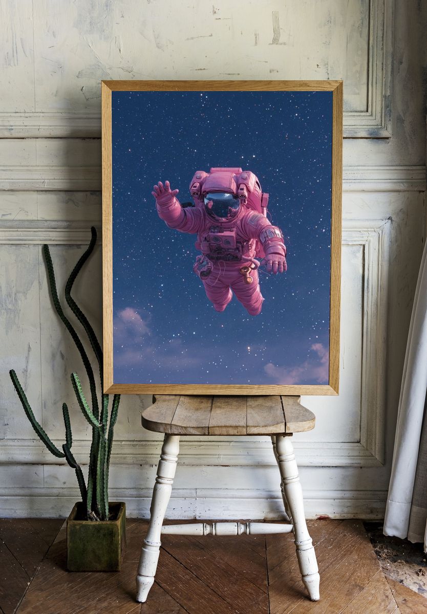 Pink Astronaut in Starry Sky Print. room preview