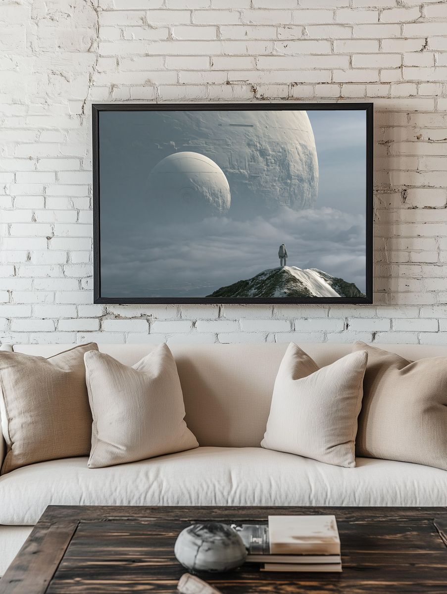 Astronaut and Moon Base Sci-Fi Print. room preview