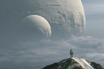 Astronaut and Moon Base Sci-Fi Print. poster