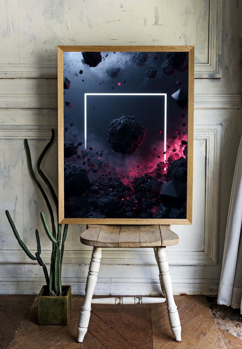 Neon Cosmic Asteroids Abstract Poster. — room view 1