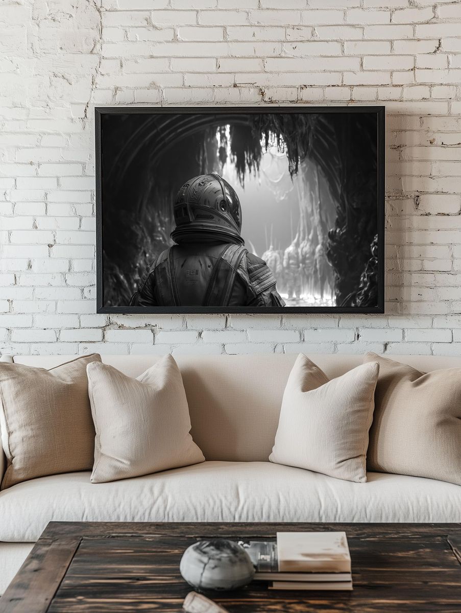 Astronaut Cave Scene Sci-Fi Poster. room preview