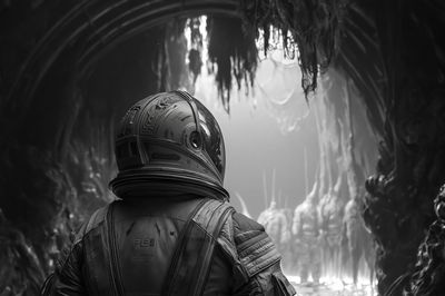 Astronaut Cave Scene Sci-Fi Poster. poster print