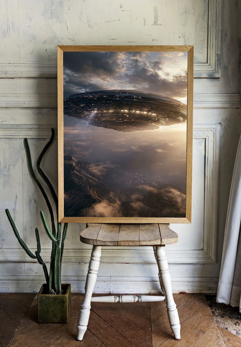 Alien Mothership Sunset Poster. room preview