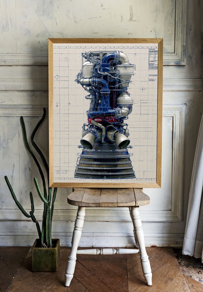 Rocket Engine Blueprint Poster. — room view 1