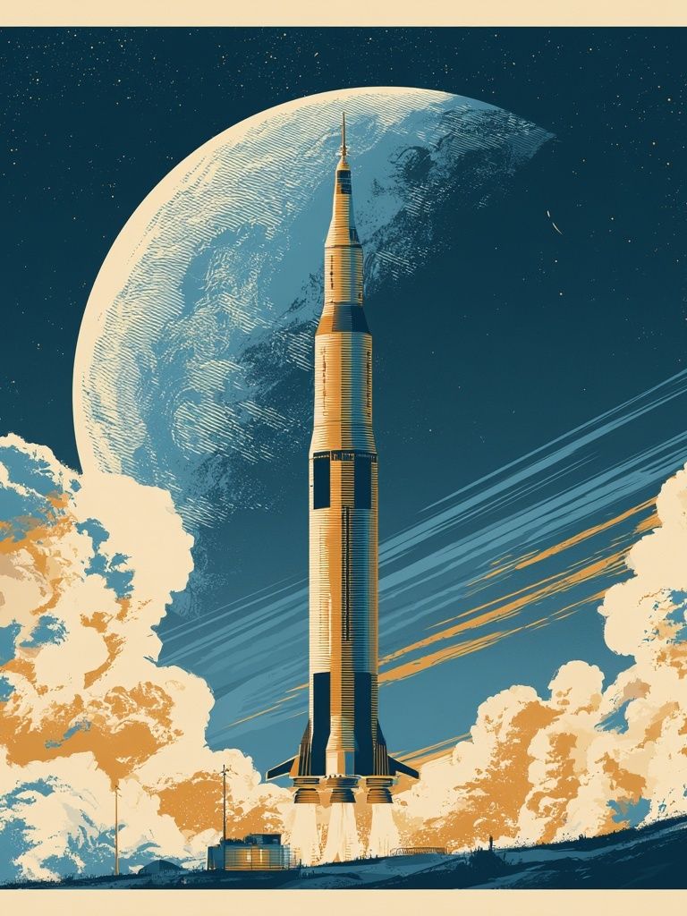 Rocket Launch Moonlit Space Poster. poster detail