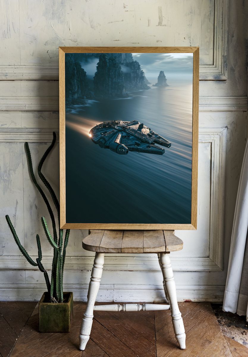 Starship Over Cliffs Sci-Fi Print. room preview