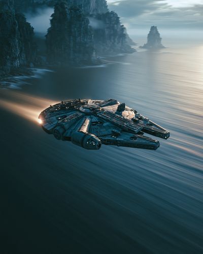 Starship Over Cliffs Sci-Fi Print.