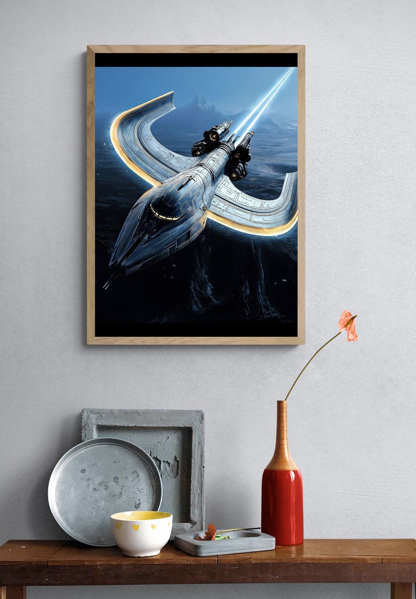 Futuristic Spacecraft Over Ice World Poster. — room view 3