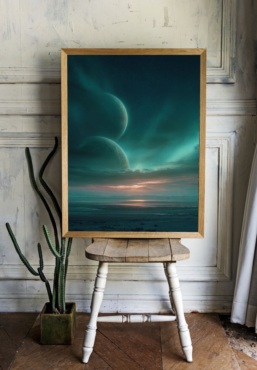 Twin Planets at Dusk — Space Print. — room view 1