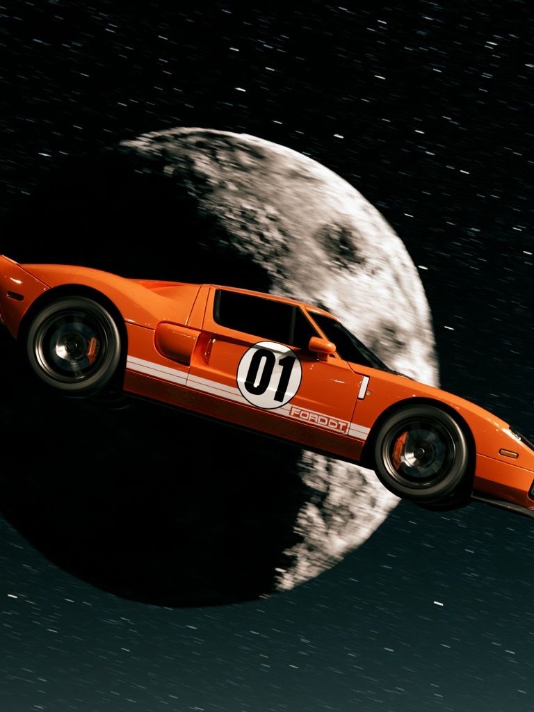 Orange Race Car in Space Poster. poster detail