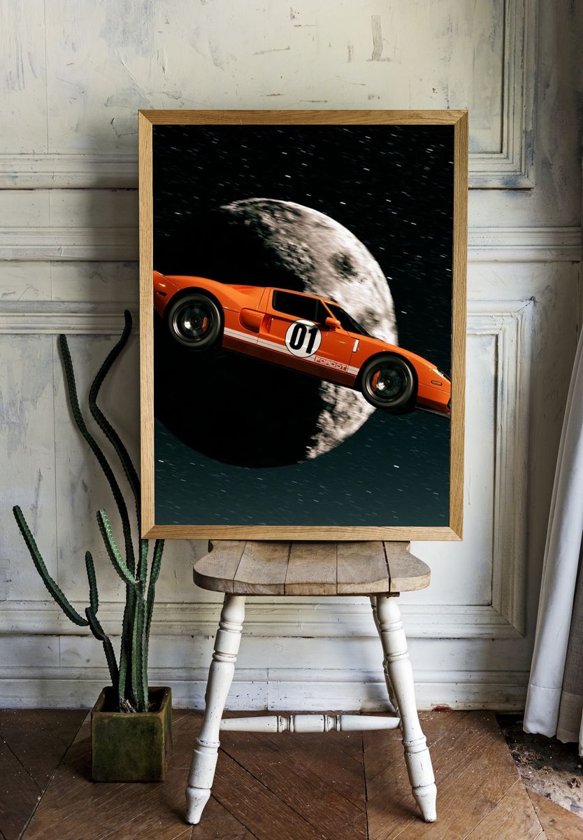 Orange Race Car in Space Poster. — room view 1