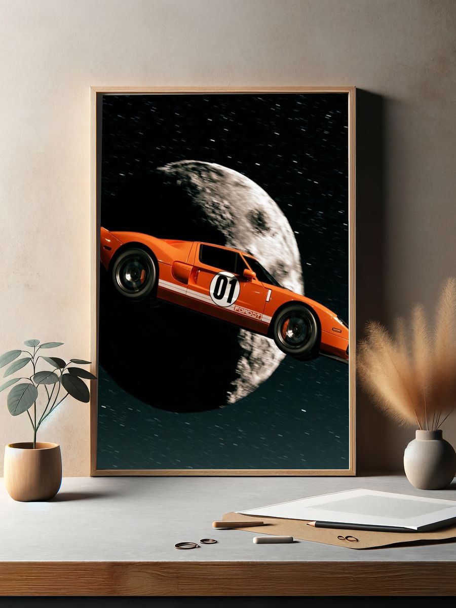 Orange Race Car in Space Poster. — room view 2
