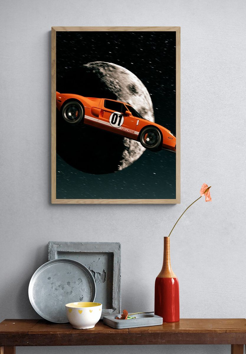 Orange Race Car in Space Poster. — room view 3