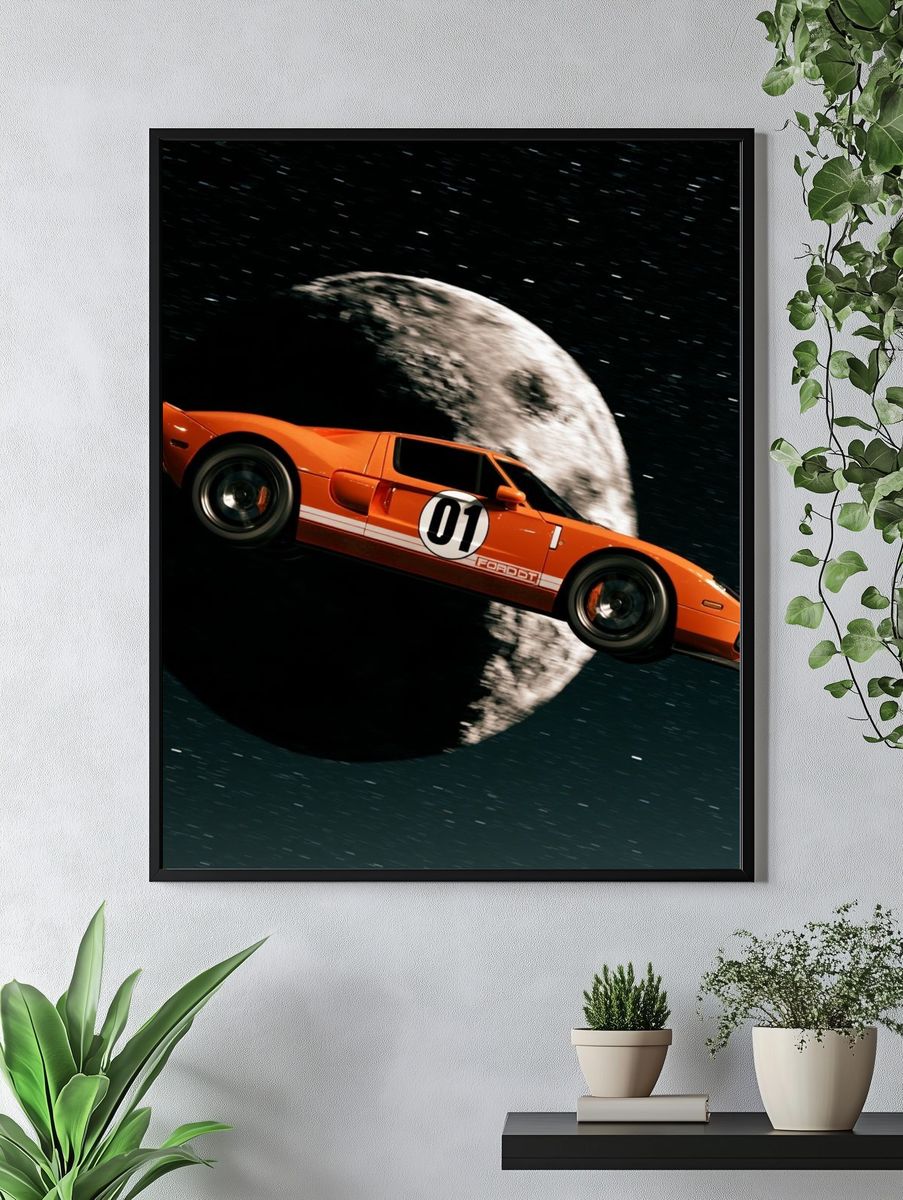 Orange Race Car in Space Poster. — room view 4