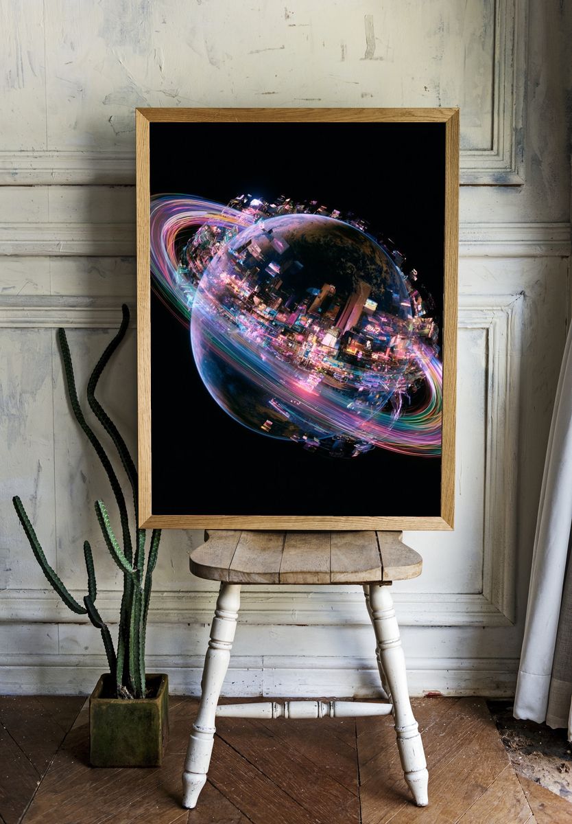 Neon Saturn Digital Art Poster. — room view 1
