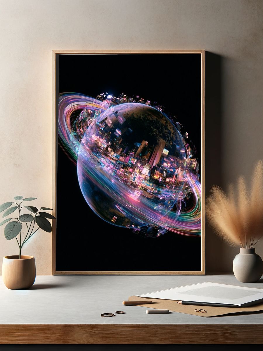 Neon Saturn Digital Art Poster. — room view 2