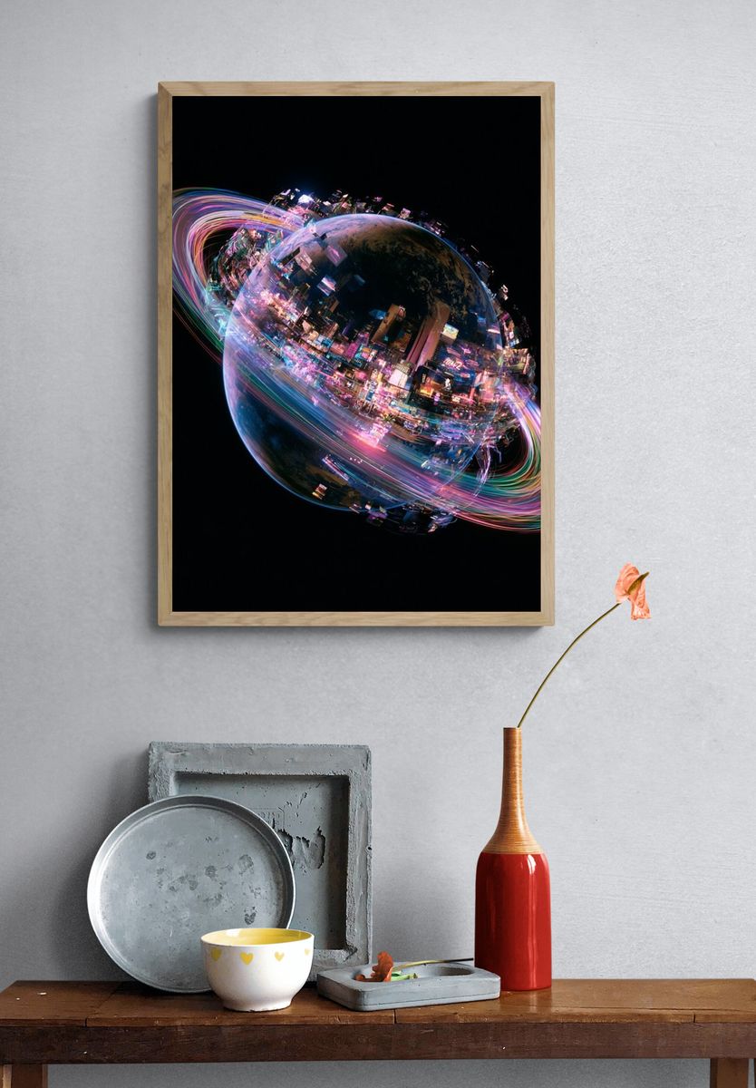 Neon Saturn Digital Art Poster. — room view 3
