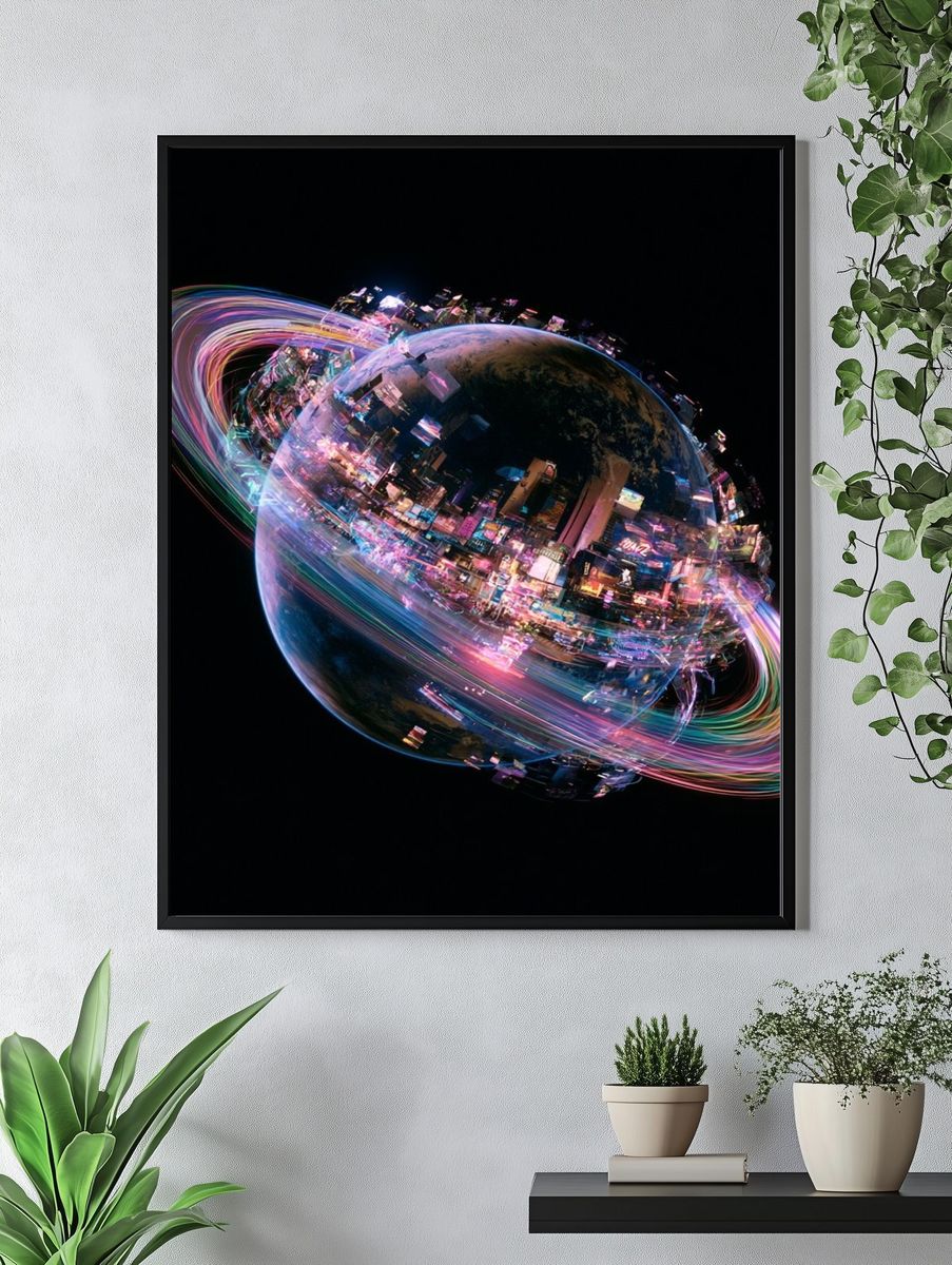 Neon Saturn Digital Art Poster. — room view 4
