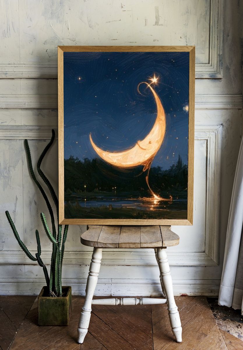 Crescent Moon Night Sky Print. — room view 1
