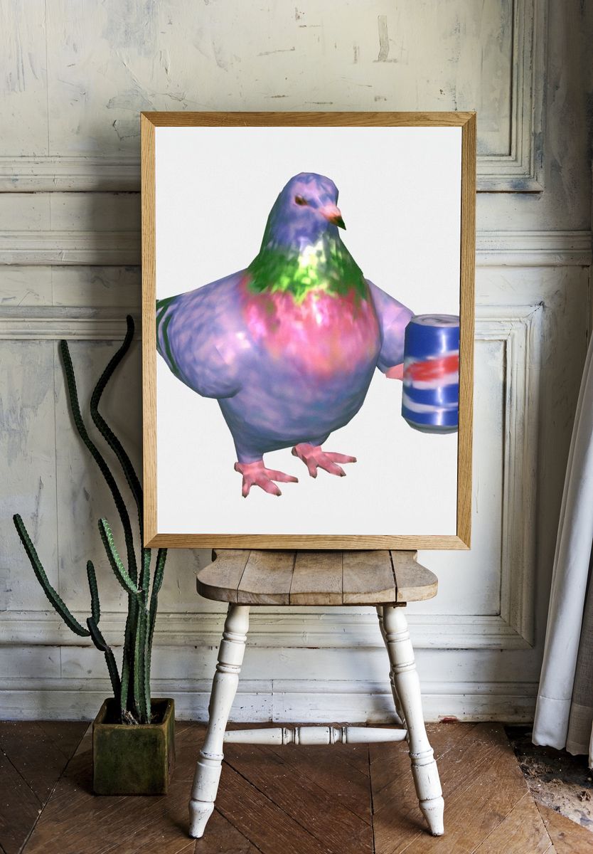 Surreal Pigeon with Soda Can Poster. — room view 1