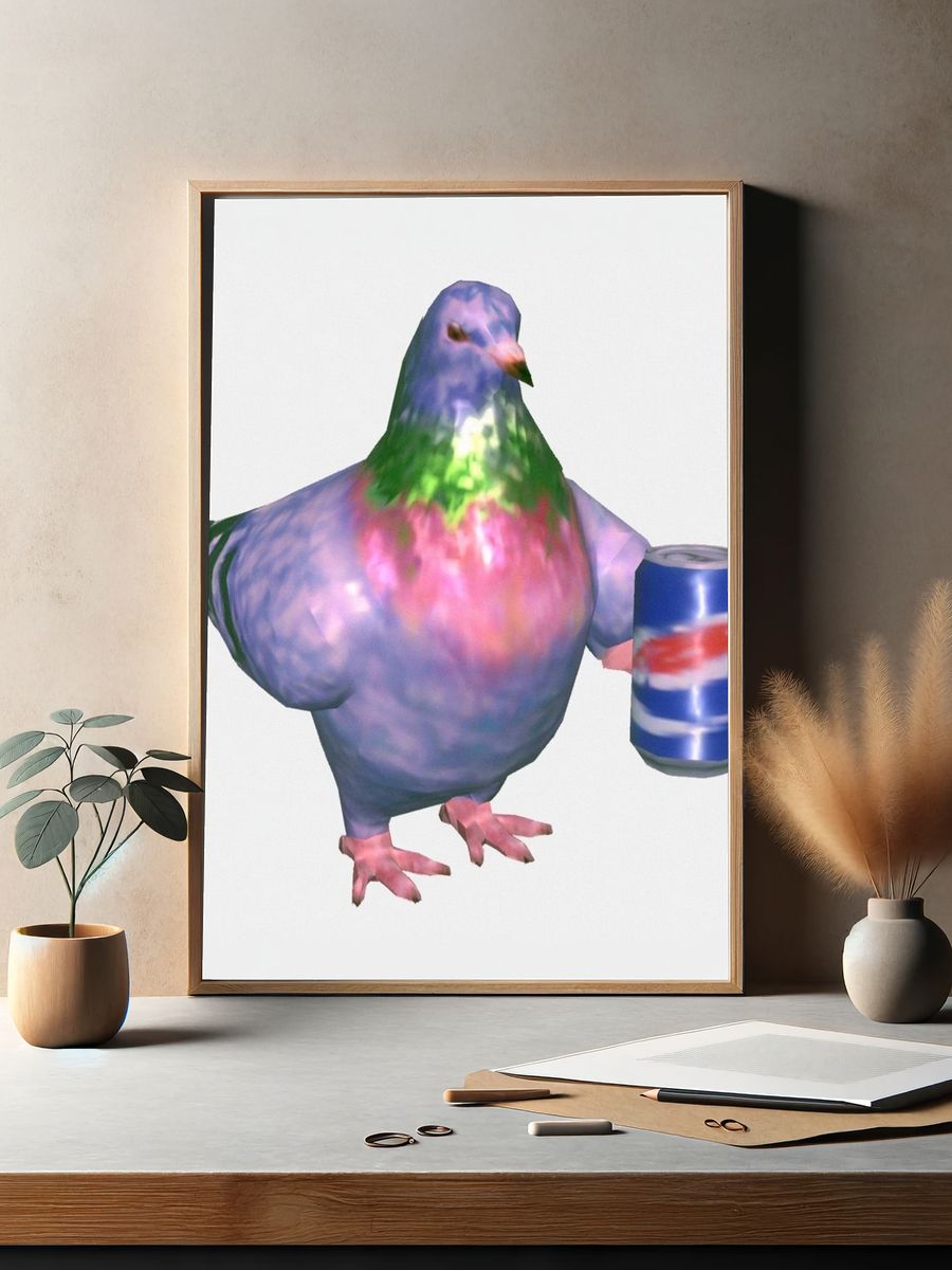 Surreal Pigeon with Soda Can Poster. — room view 2