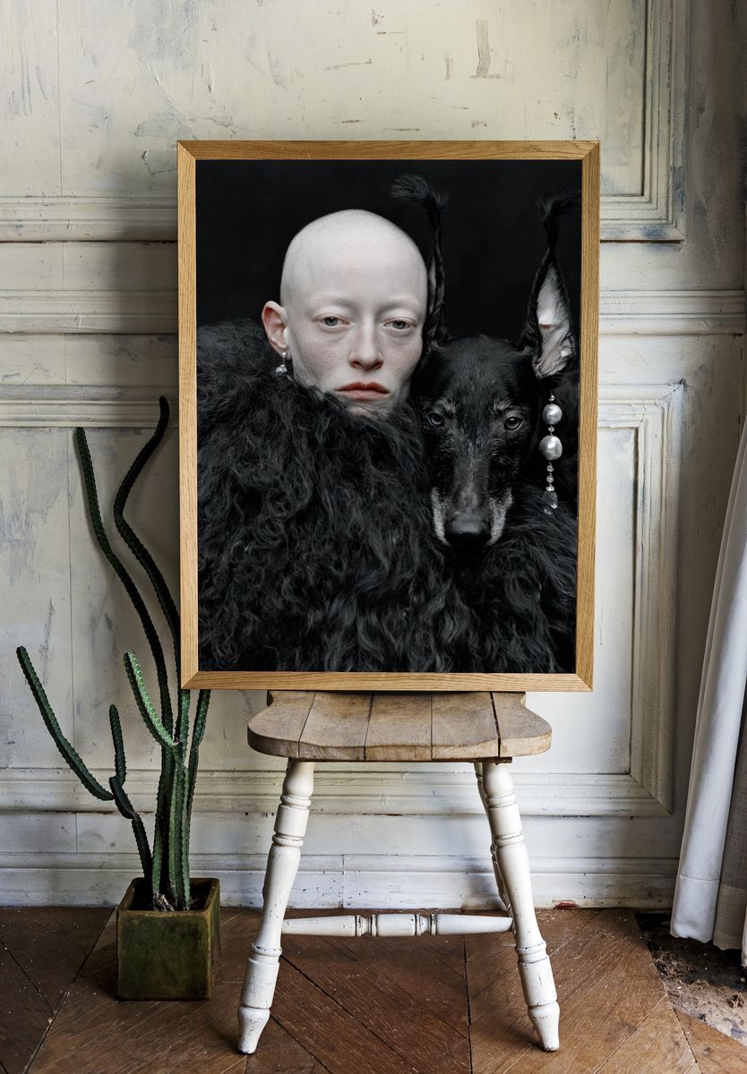 Surreal Portrait with Black Dog Print. room preview