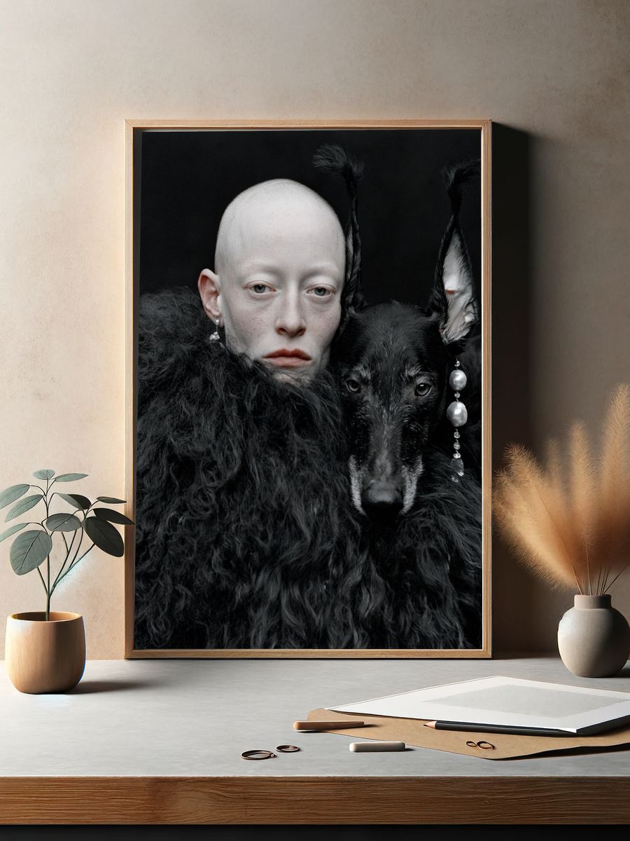 Surreal Portrait with Black Dog Print. — room view 2