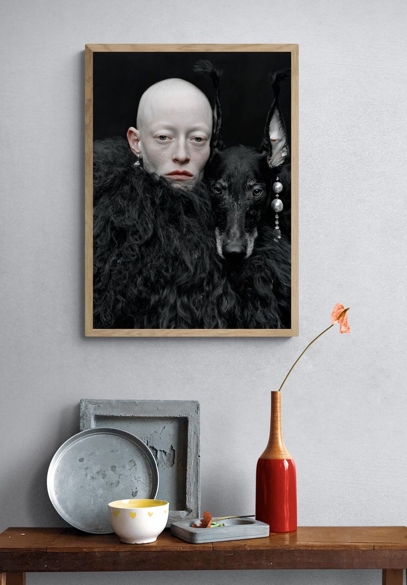 Surreal Portrait with Black Dog Print. — room view 3