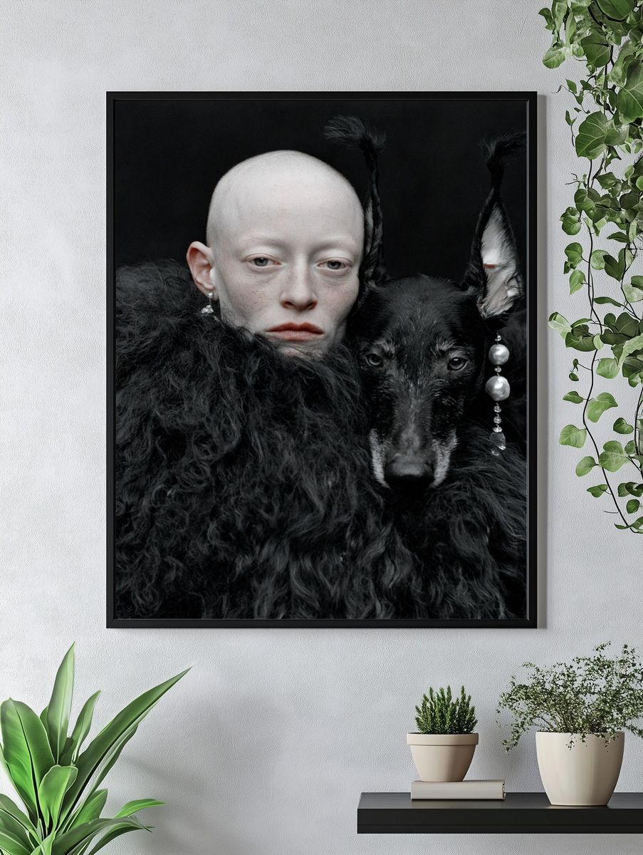 Surreal Portrait with Black Dog Print. — room view 4