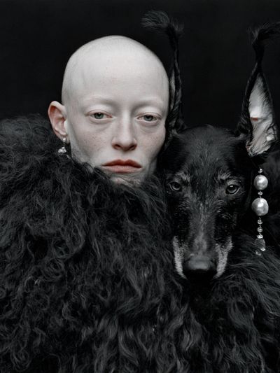Surreal Portrait with Black Dog Print.