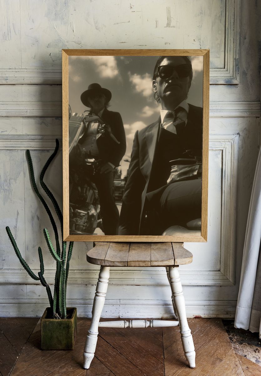 Sepia Motorcycle Duo Photography Poster. — room view 1