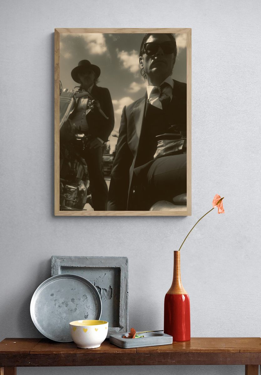 Sepia Motorcycle Duo Photography Poster. — room view 3
