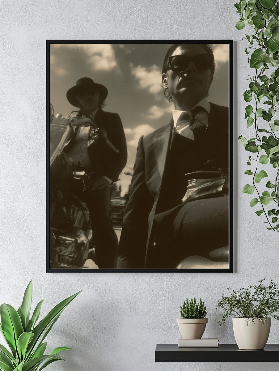 Sepia Motorcycle Duo Photography Poster. — room view 4