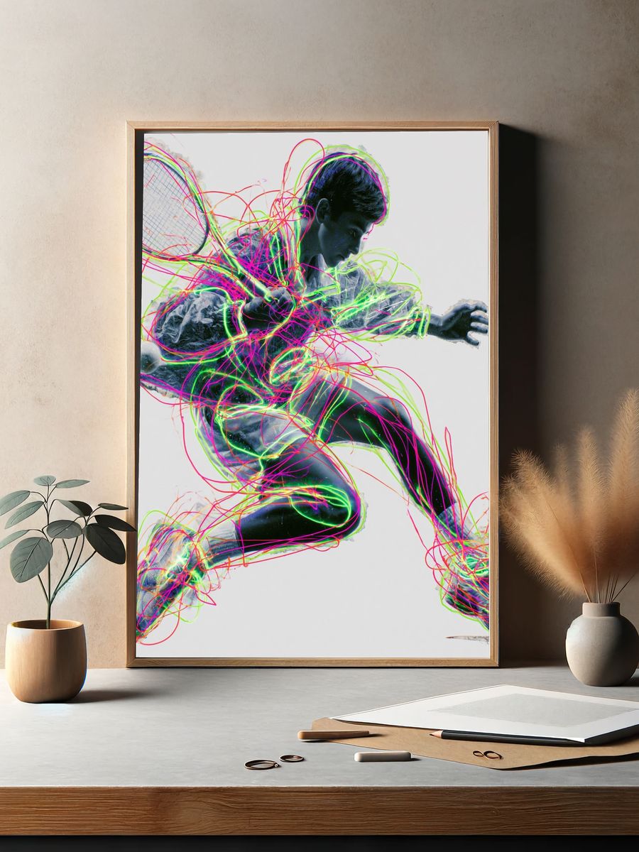 Neon Tennis Player Illustration Poster. — room view 2