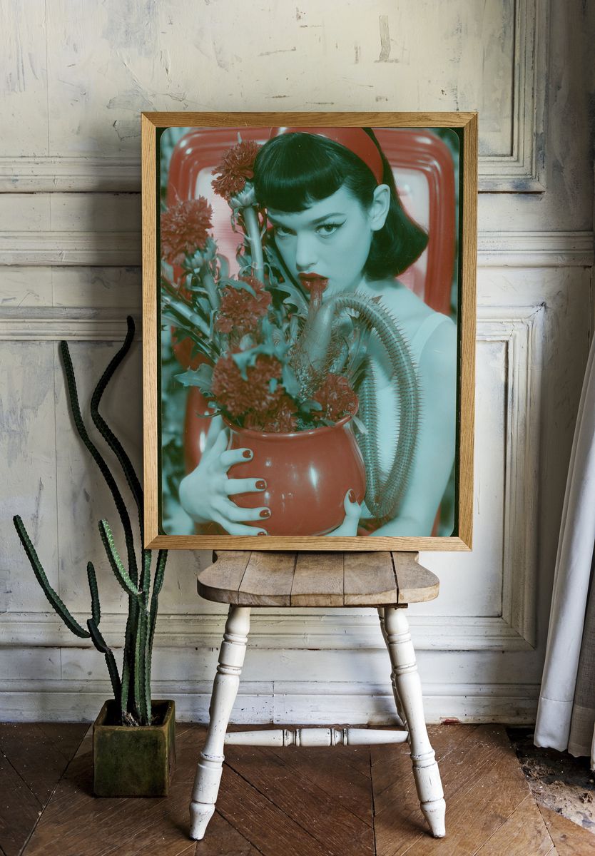 Surreal Portrait with Red Flowers Print. — room view 1
