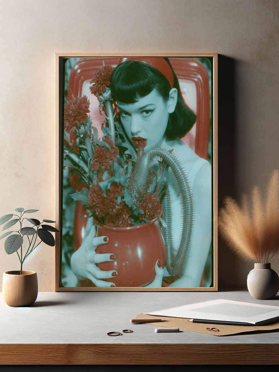 Surreal Portrait with Red Flowers Print. — room view 2